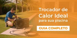Pessoa instalando trocador de calor em piscina residencial com equipamentos modernos e paisagem ensolarada ao fundo.